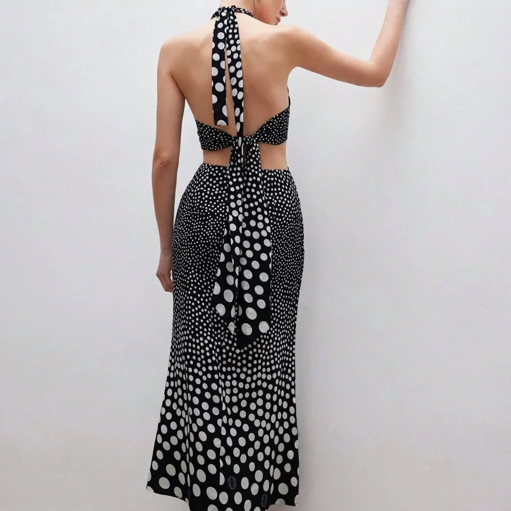 Multicolor French Romantic Women's Polka Dot Halter Asymmetrical Long Dress - Picture 2 of 6